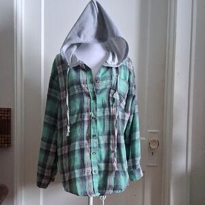 Green Plaid Button Down Shirt with Hood